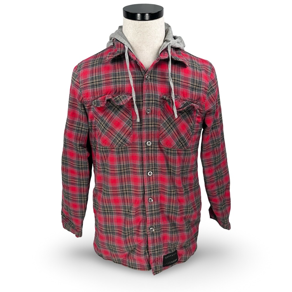 Oakley Mens Red Plaid Hooded Flannel Shirt Jacket Quilted Lining Y2K Small